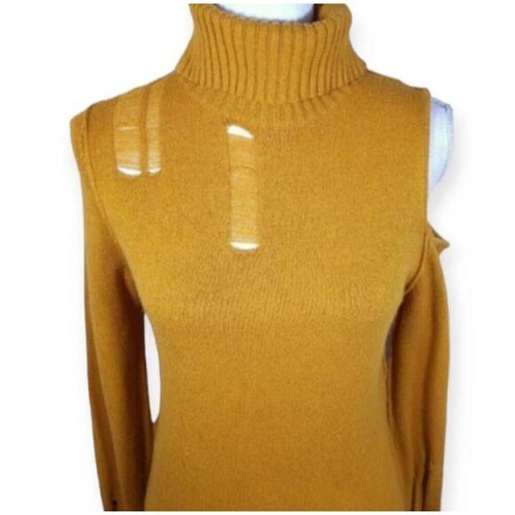 Forever 21 Mustard Turtleneck Distressed Sweater Open Shoulder Dress Size m. EU - Picture 6 of 11